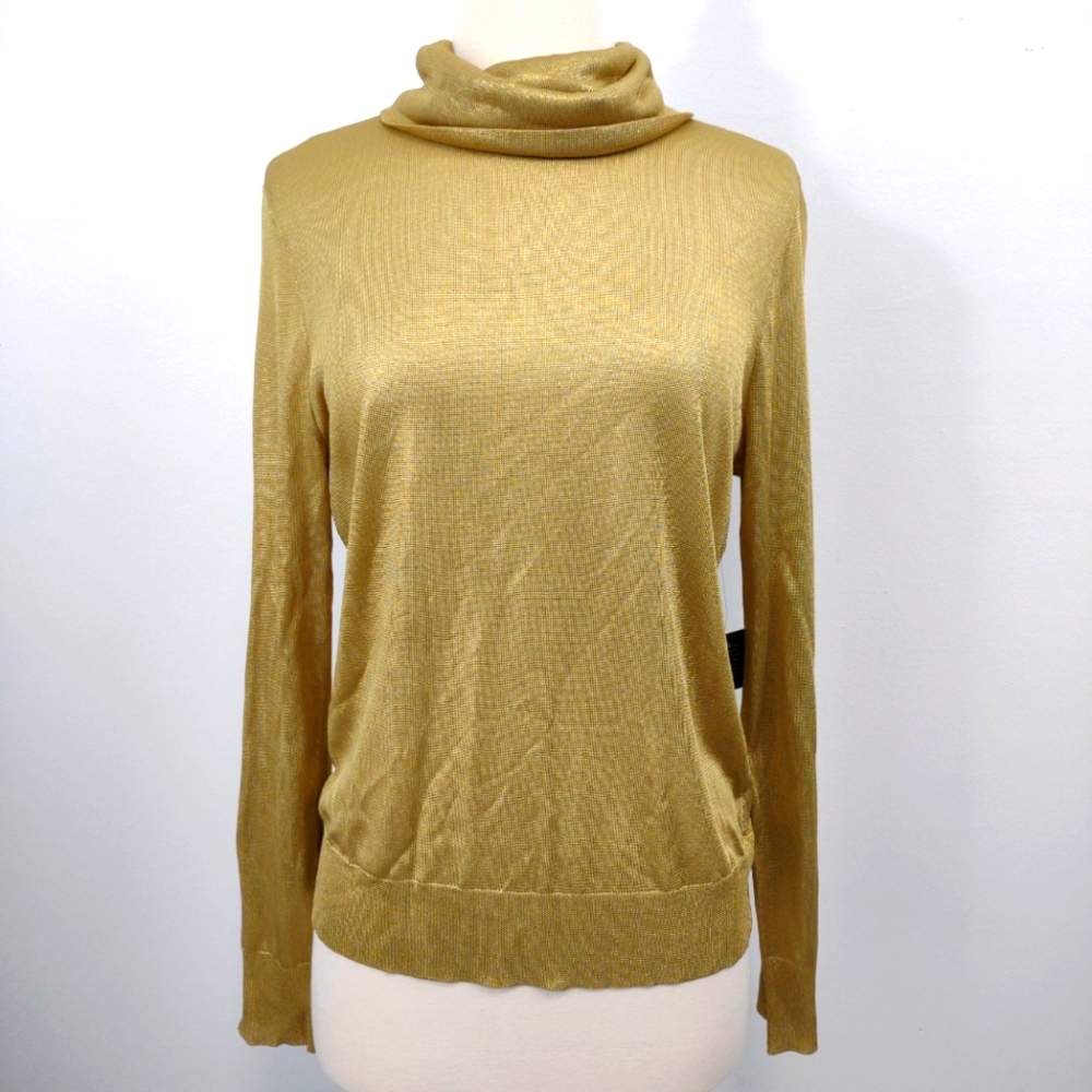 LRL Turtleneck Sweater Medium Gold Metallic Sheer